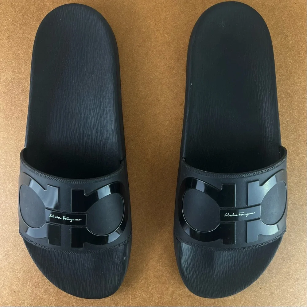 SALVATORE FERRAGAMO BLACK SLIDE SANDALS - Picture 12 of 13